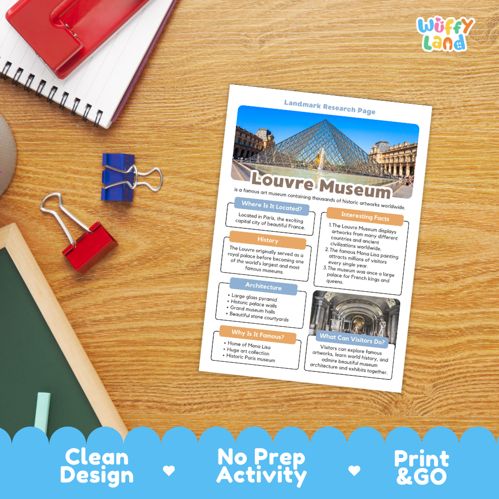 A printed Louvre Museum research page activity sheet laid on a wooden desk, surrounded by school supplies including a spiral notebook, red and blue binder clips, and a chalkboard. The sheet has colorful headings and a photo of the Louvre glass pyramid.