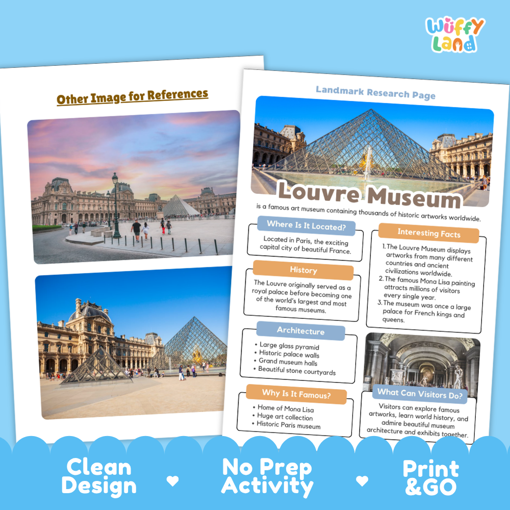 An educational activity sheet titled 'Louvre Museum' shown alongside a reference photo of the Louvre in Paris. The sheet includes labeled sections for location, history, architecture, and visitor tips, with a 'Wiffy land' brand logo in the top right.