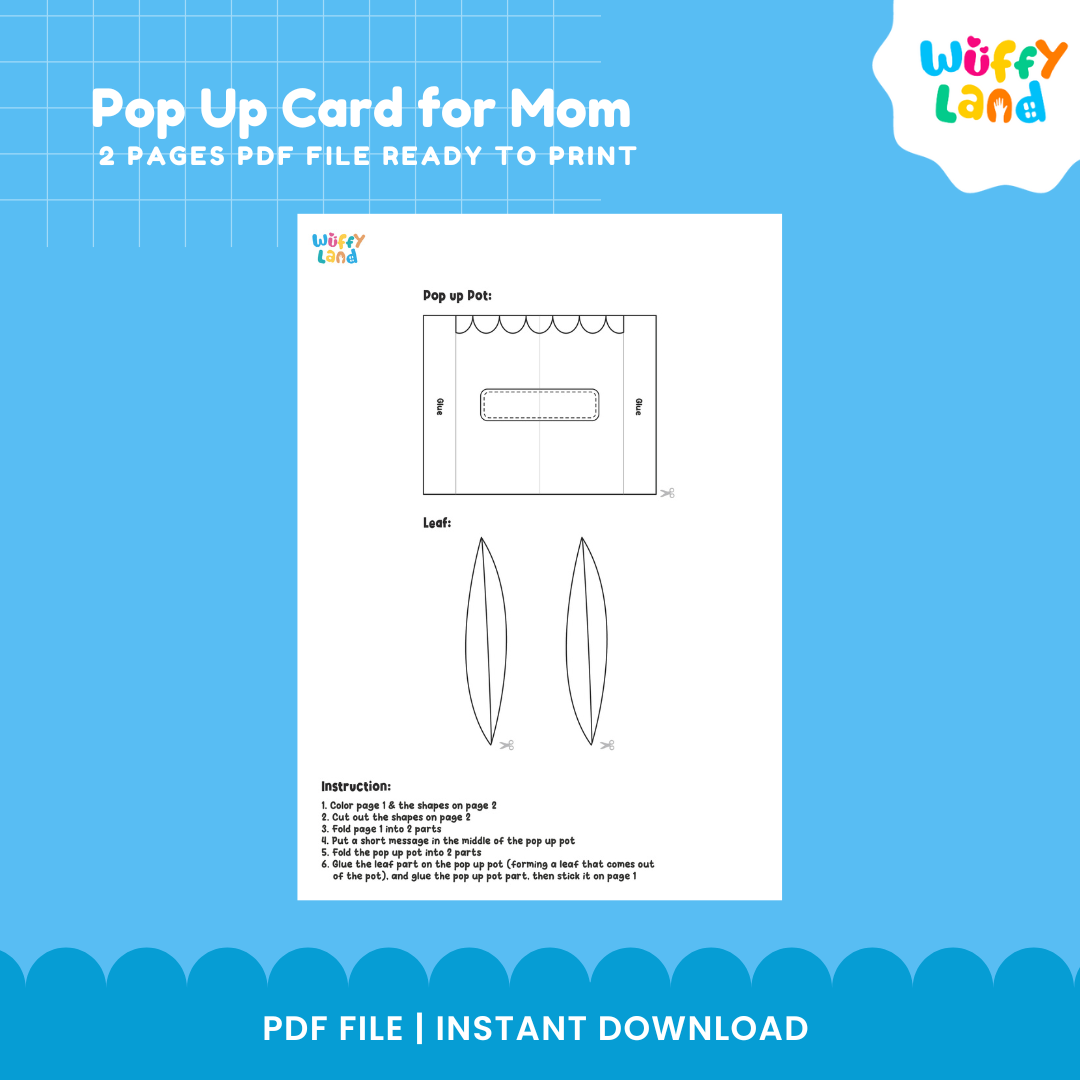 Printable pop up flower card template showing flowerpot labeled Love u MOM and bouquet of flowers being colored with crayons 🖍️🌸