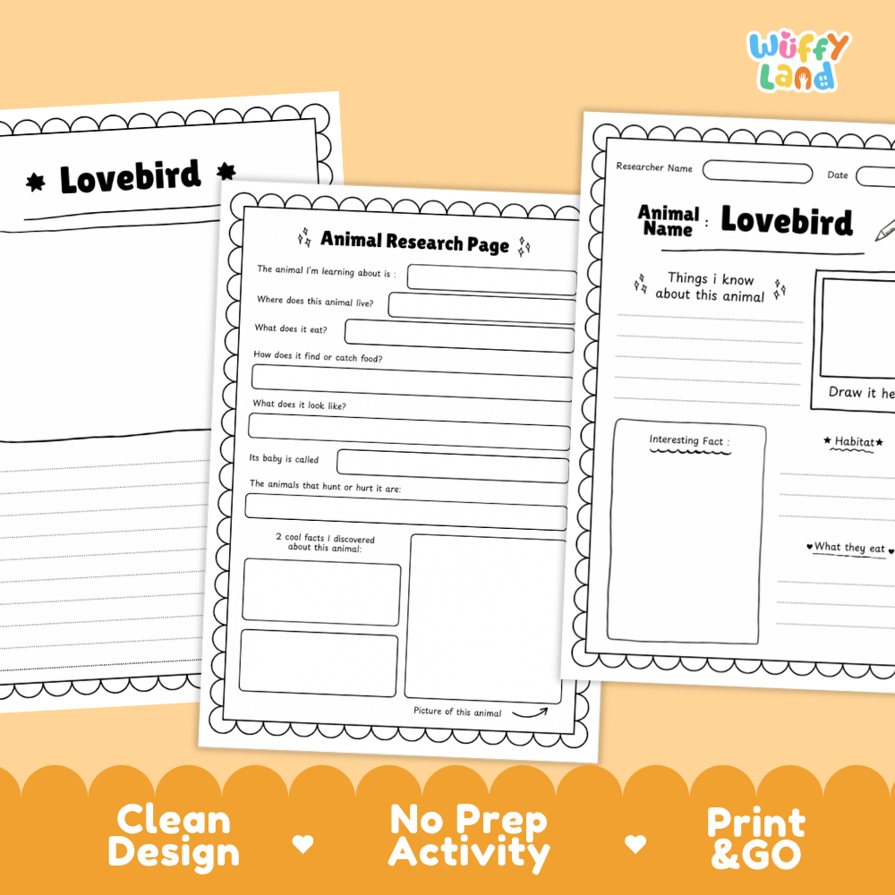 Three printable worksheet pages for an animal research activity themed around the lovebird, shown on a warm orange background with the text 'Clean Design', 'No Prep Activity', and 'Print & GO'. The worksheets are white with black outlines and text, and the 'Wiffy Land' brand logo appears in the top right.