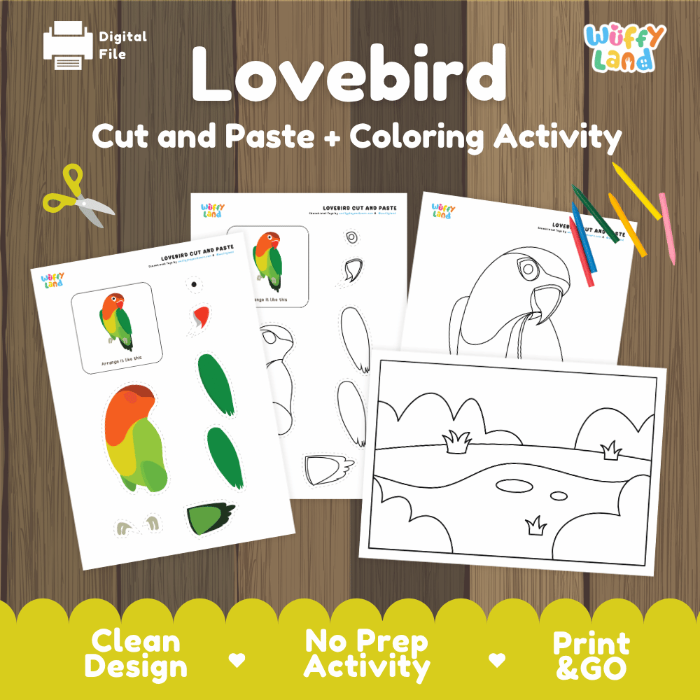 Lovebird Cut and Paste Craft and Coloring Activity Worksheets