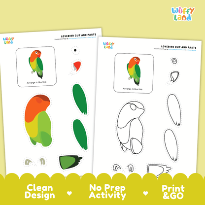 Lovebird Cut and Paste Craft and Coloring Activity Worksheets