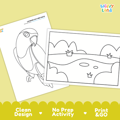 Lovebird Cut and Paste Craft and Coloring Activity Worksheets