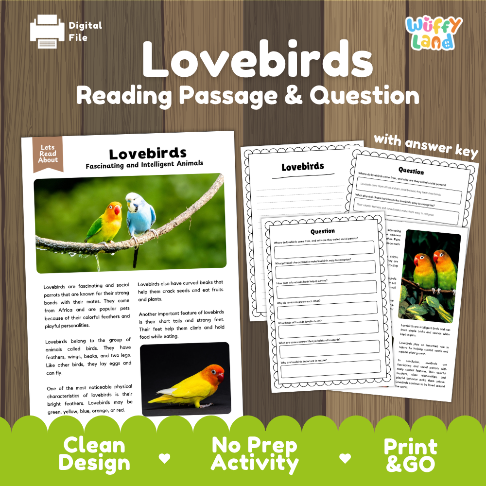 Lovebirds Reading Passage and Comprehension Questions Worksheets with Answer Key