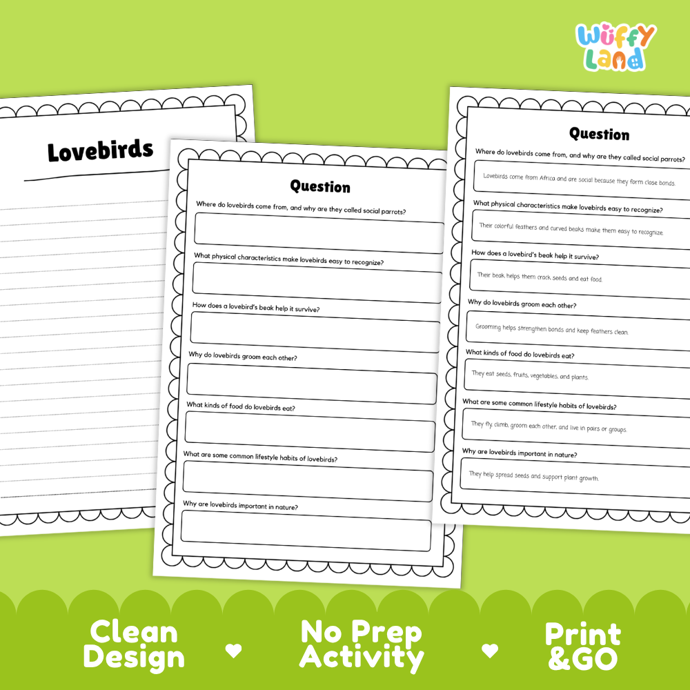 Lovebirds Reading Passage and Comprehension Questions Worksheets with Answer Key