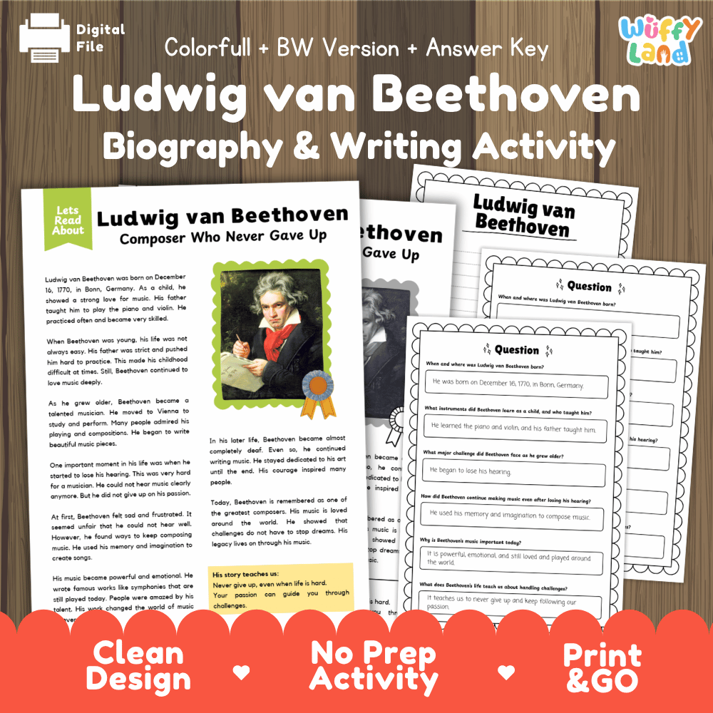 Digital activity sheet set for 'Ludwig van Beethoven Biography & Writing Activity' from Uffy Land, featuring printable worksheets, a black-and-white version, and an answer key on a wood-textured background with promotional banners.