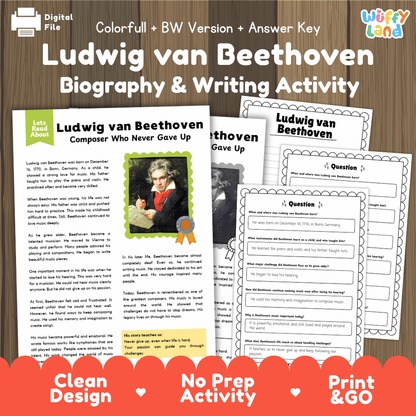 Digital activity sheet set for 'Ludwig van Beethoven Biography & Writing Activity' from Uffy Land, featuring printable worksheets, a black-and-white version, and an answer key on a wood-textured background with promotional banners.