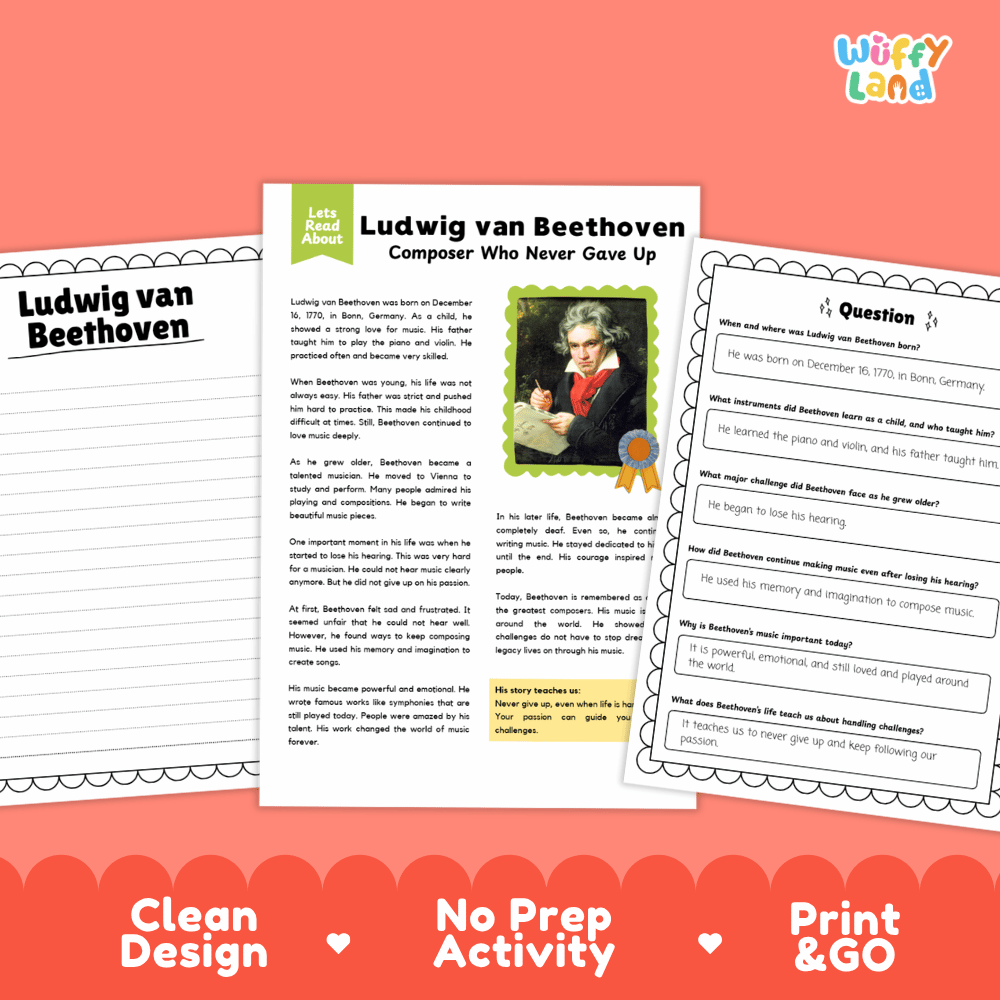 Educational worksheet and answer sheet set about Ludwig van Beethoven, shown on a coral background with the text 'Clean Design', 'No Prep Activity', and 'Print & GO'. The brand logo 'Wiffly land' appears in the top right.