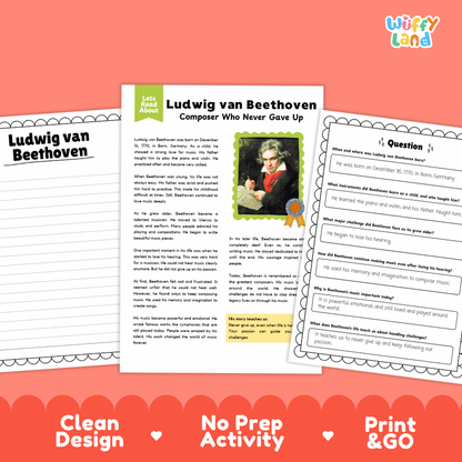 Educational worksheet and answer sheet set about Ludwig van Beethoven, shown on a coral background with the text 'Clean Design', 'No Prep Activity', and 'Print & GO'. The brand logo 'Wiffly land' appears in the top right.