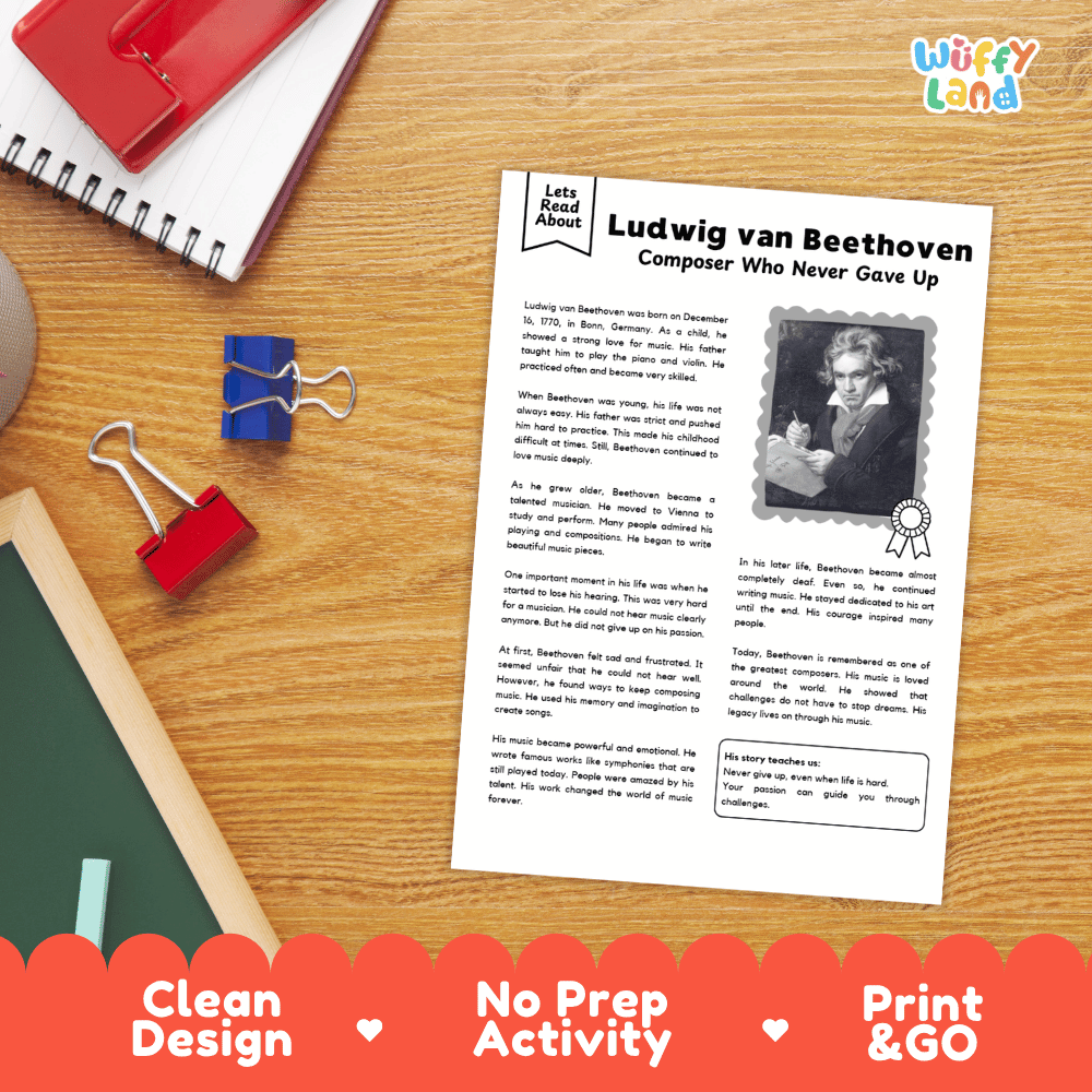 A printed educational activity sheet titled 'Ludwig van Beethoven - Composer Who Never Gave Up' laid on a wooden desk with a spiral notebook, binder clips, and other school supplies around it. The sheet includes a small portrait photo and text blocks.