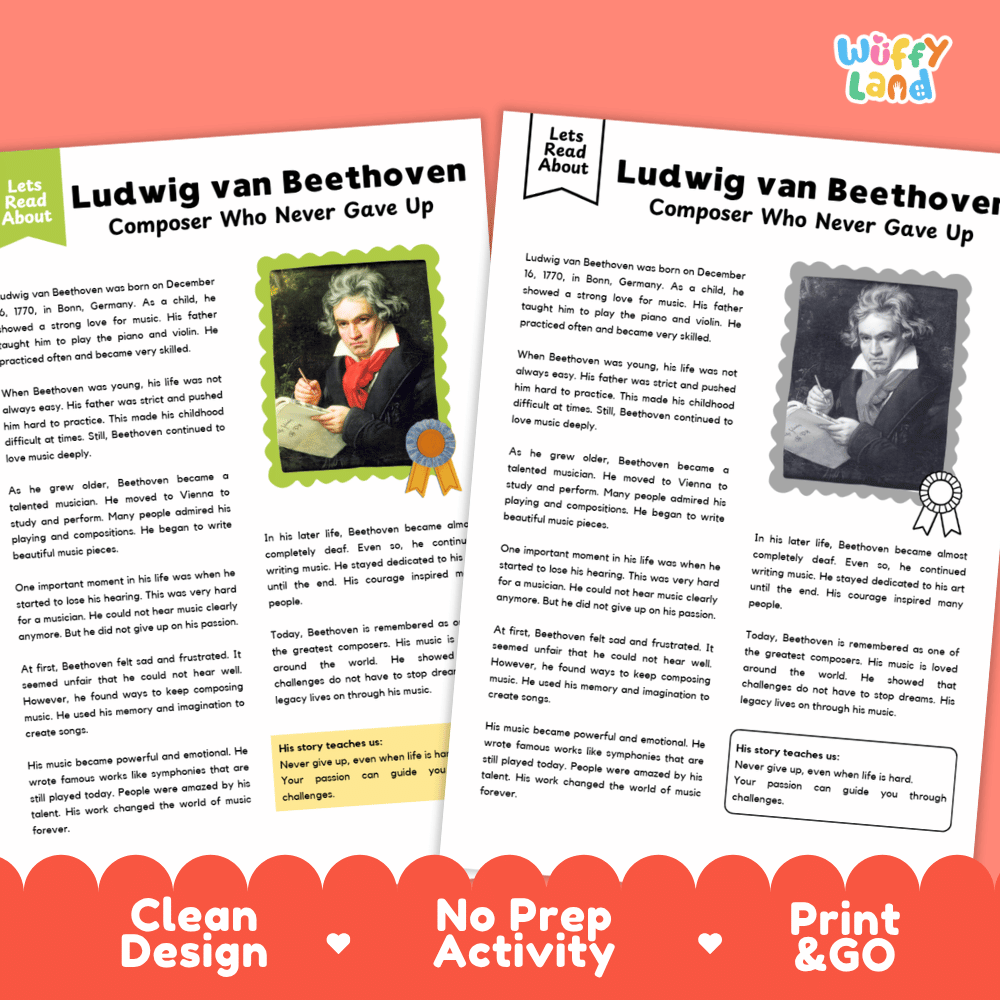 Two educational reading activity sheets about Ludwig van Beethoven from the brand Wiffly Land, displayed on a white background with a red banner at the bottom that reads 'Clean Design', 'No Prep Activity', and 'Print & GO'.