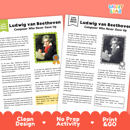 Two educational reading activity sheets about Ludwig van Beethoven from the brand Wiffly Land, displayed on a white background with a red banner at the bottom that reads 'Clean Design', 'No Prep Activity', and 'Print & GO'.