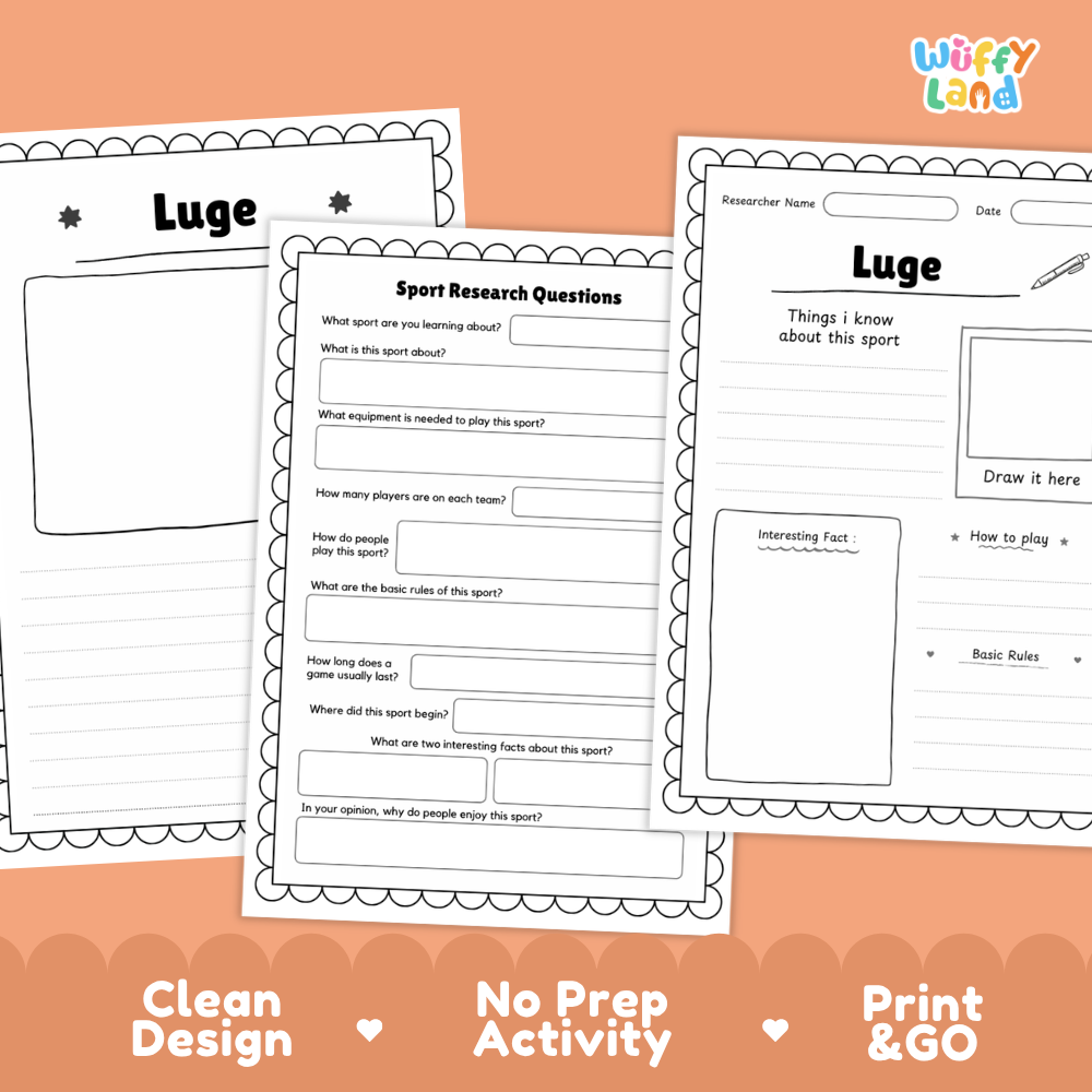 Three printable worksheet pages for a luge activity are shown on an orange background. The pages include writing prompts, fact boxes, and rule sections, with the brand name 'Wiffly Land' in the top right corner and marketing text along the bottom: 'Clean Design', 'No Prep Activity', and 'Print & GO'.