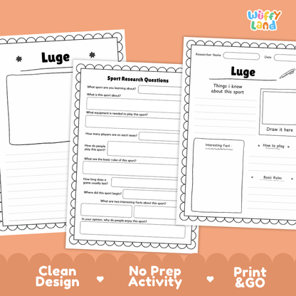 Three printable worksheet pages for a luge activity are shown on an orange background. The pages include writing prompts, fact boxes, and rule sections, with the brand name 'Wiffly Land' in the top right corner and marketing text along the bottom: 'Clean Design', 'No Prep Activity', and 'Print & GO'.