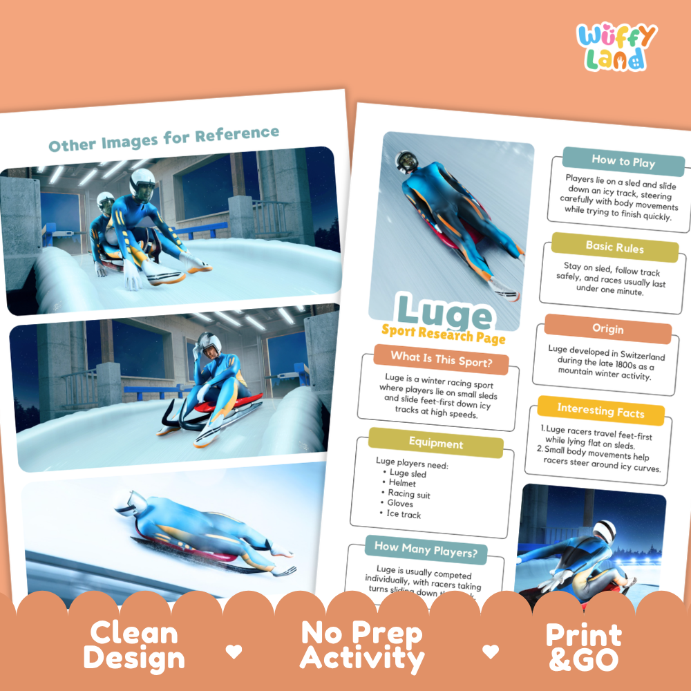 A promotional graphic for an activity booklet or guide titled 'Luge Sport Research Page' by the brand 'Wiffy Land'. The graphic shows two printed pages with luge activity instructions, rules, and facts, set against a peach background with decorative orange banners at the bottom reading 'Clean Design', 'No Prep Activity', and 'Print & GO'.