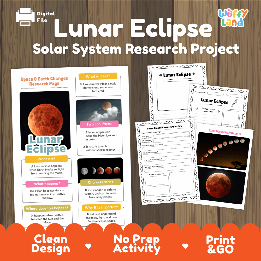 Lunar Eclipse Solar System Research Project Worksheets and Fact Sheet