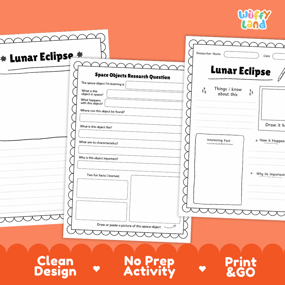 Lunar Eclipse Solar System Research Project Worksheets and Fact Sheet