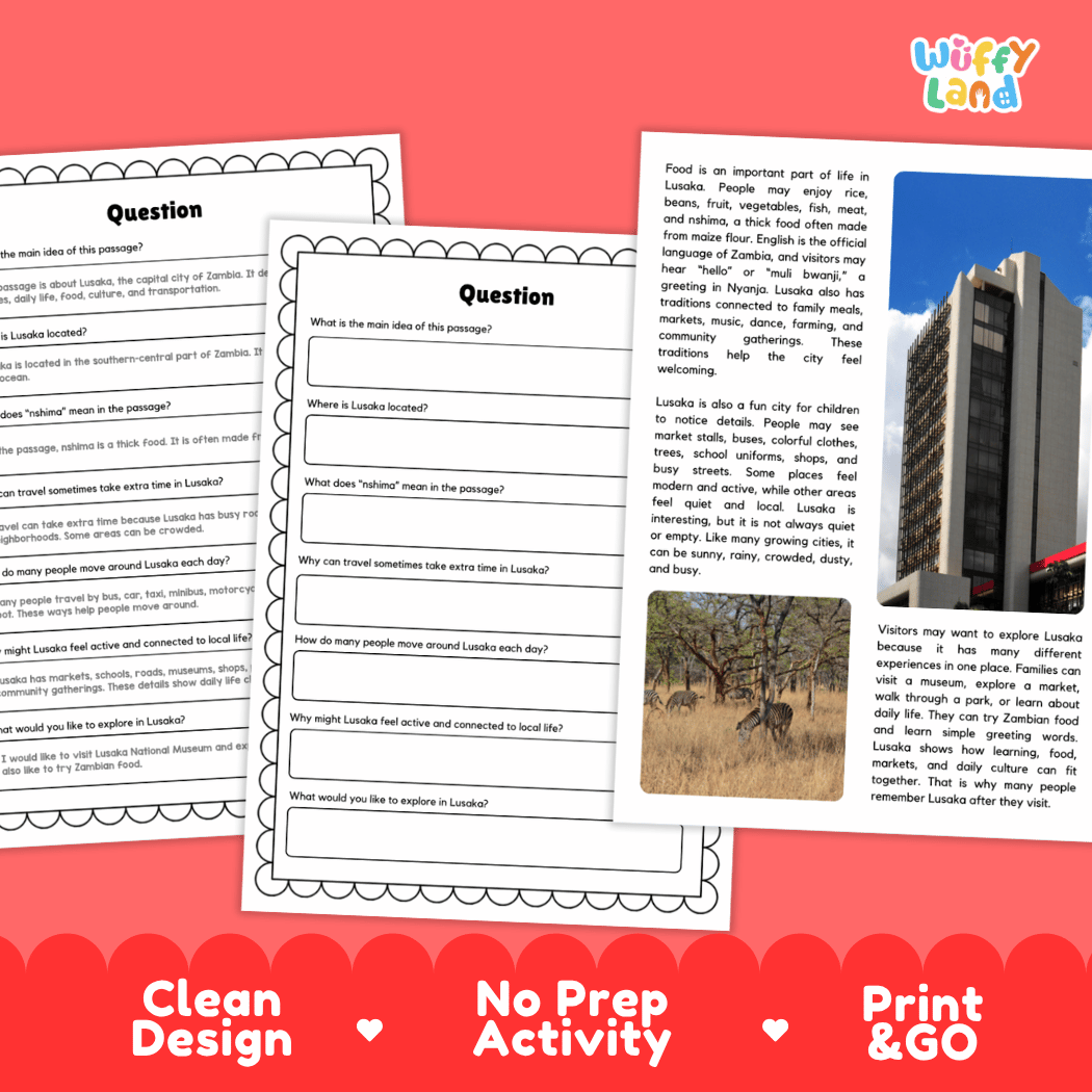 Lusaka Landmark Reading Passages and Comprehension Worksheets