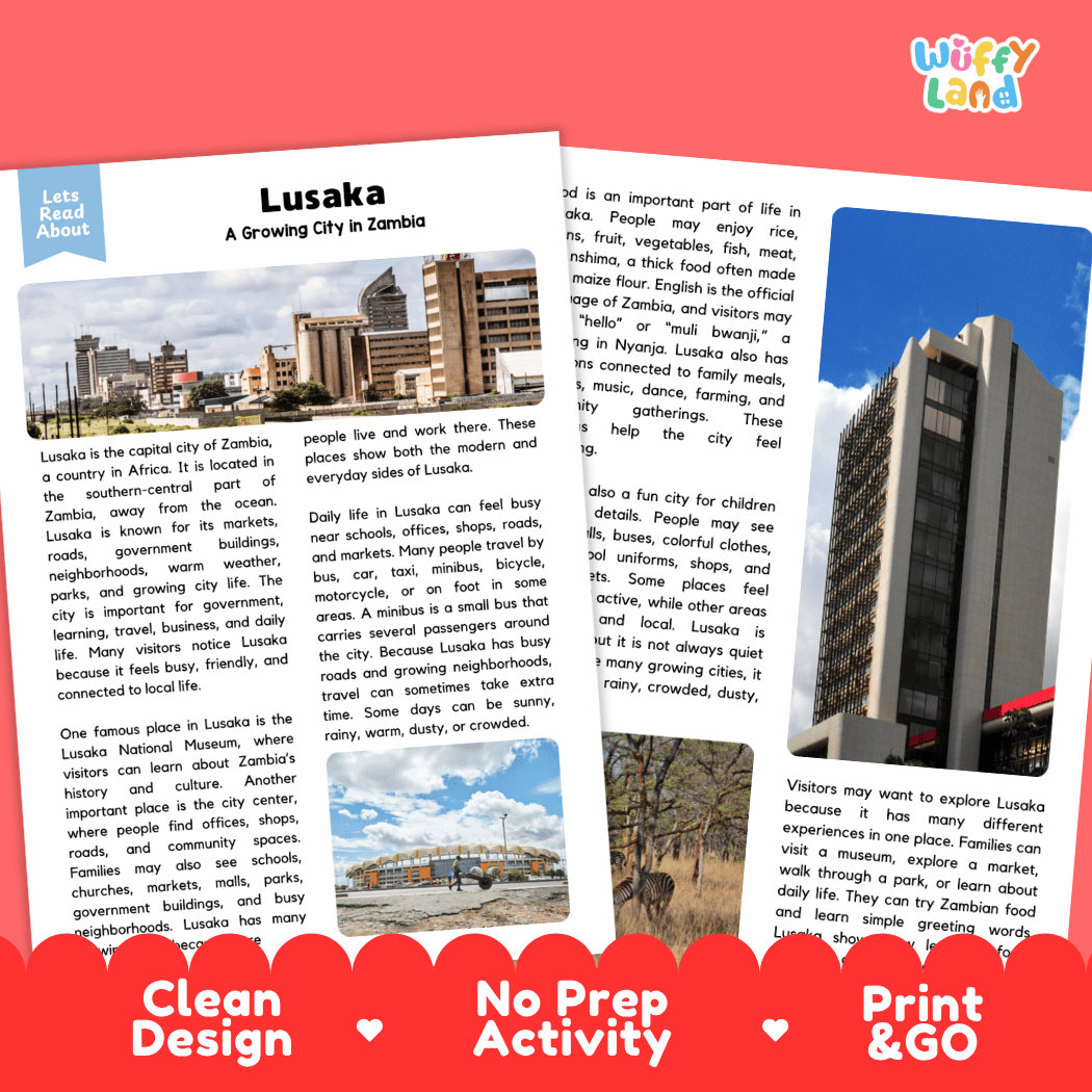 Lusaka Landmark Reading Passages and Comprehension Worksheets
