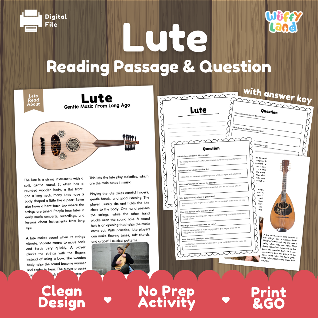 Lute reading comprehension passage and questions printable activity pack with answer key for elementary students