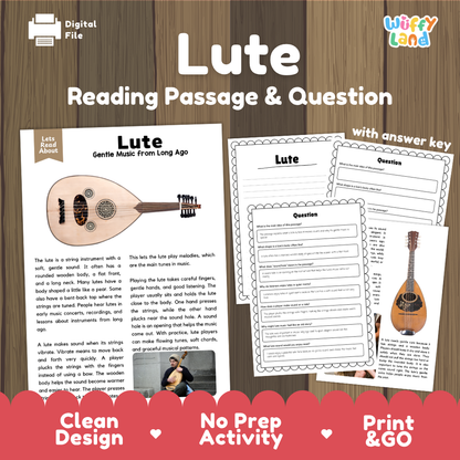 Lute reading comprehension passage and questions printable activity pack with answer key for elementary students