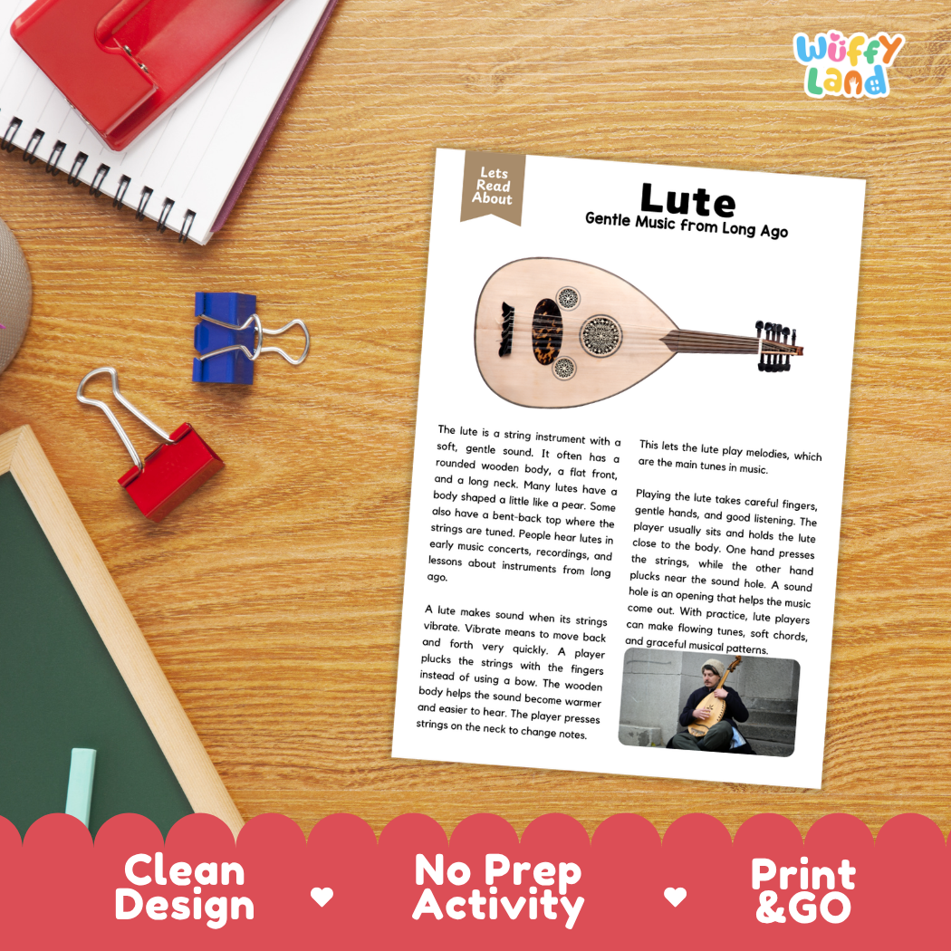 Student reading comprehension worksheet with short-answer questions and lined sections about the lute instrument