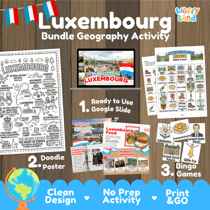 Complete Luxembourg geography activity bundle featuring Google Slides, doodle coloring poster, and classroom bingo games 🇱🇺🎒