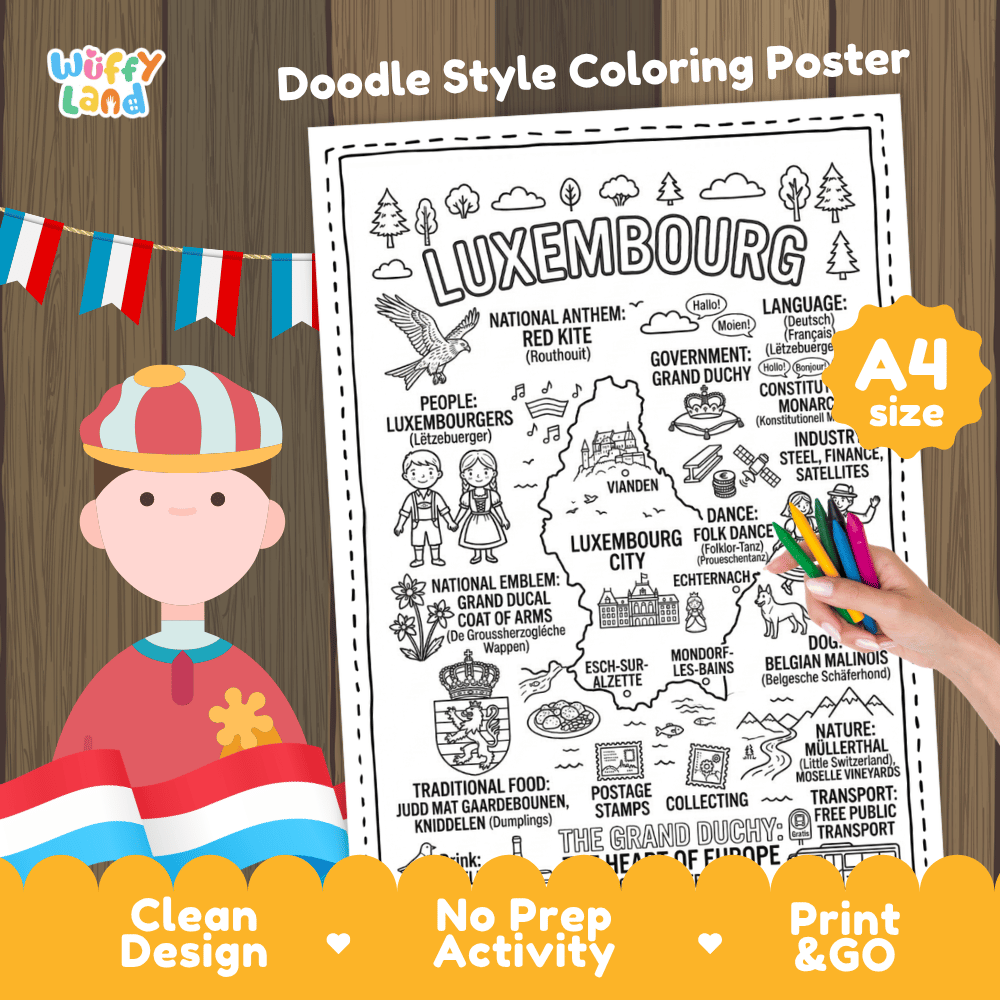 Luxembourg country study doodle style coloring poster printable page featuring map, landmarks, and cultural symbols