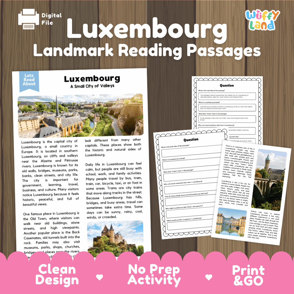 Luxembourg landmark reading passage and comprehension worksheet educational unit featuring nonfiction text and authentic Luxembourg cliffside and valley photography