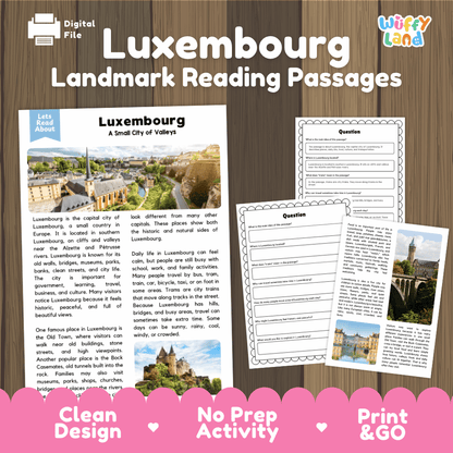 Luxembourg landmark reading passage and comprehension worksheet educational unit featuring nonfiction text and authentic Luxembourg cliffside and valley photography