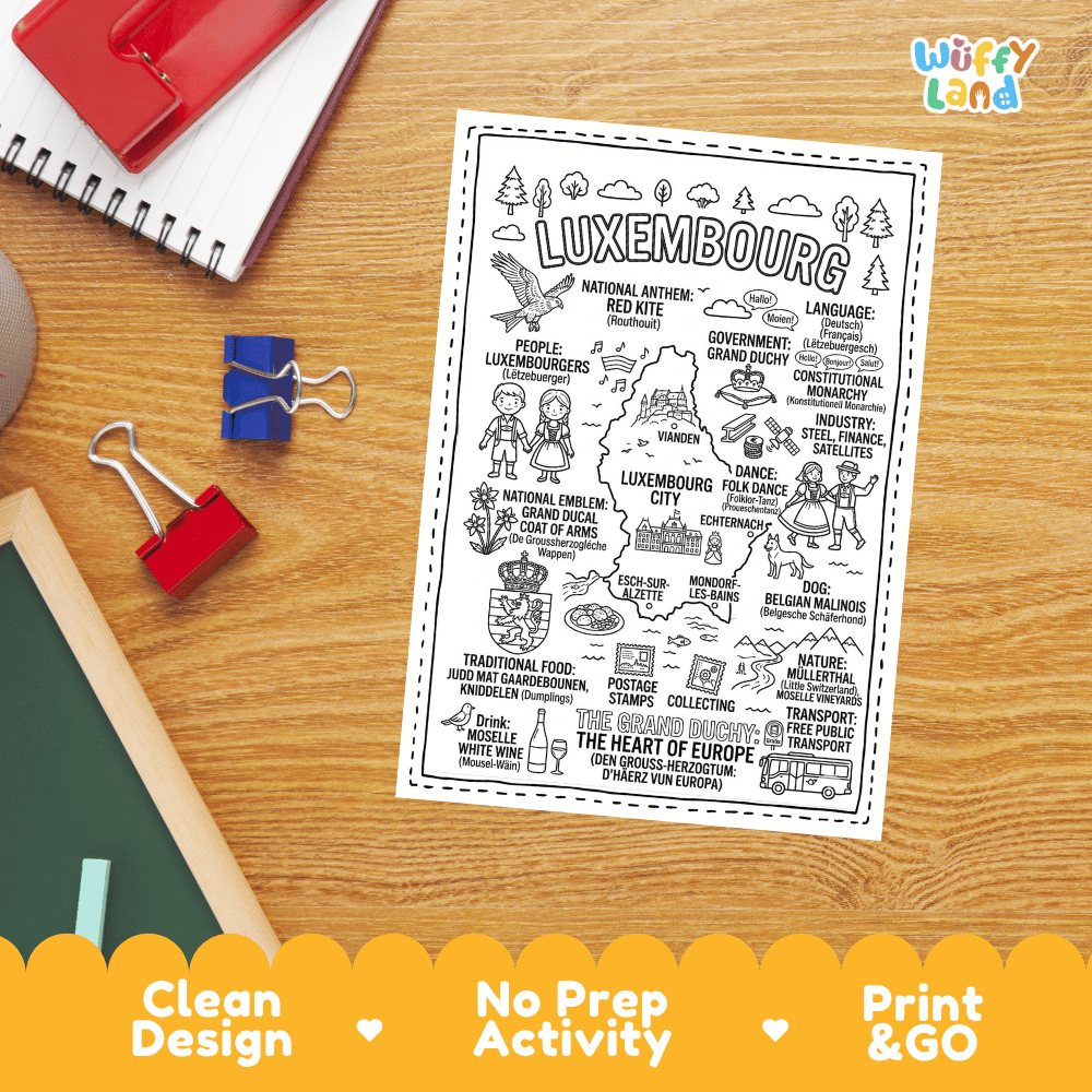 Doodle map coloring sheet showing Luxembourg City, Vianden Castle, Echternach, and Mullerthal Little Switzerland