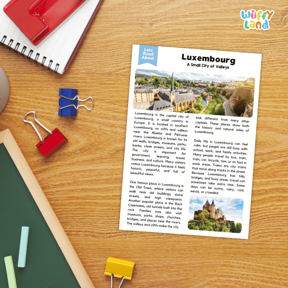 Lined reading comprehension question worksheet covering main ideas vocabulary terms and landmark facts about Luxembourg Europe