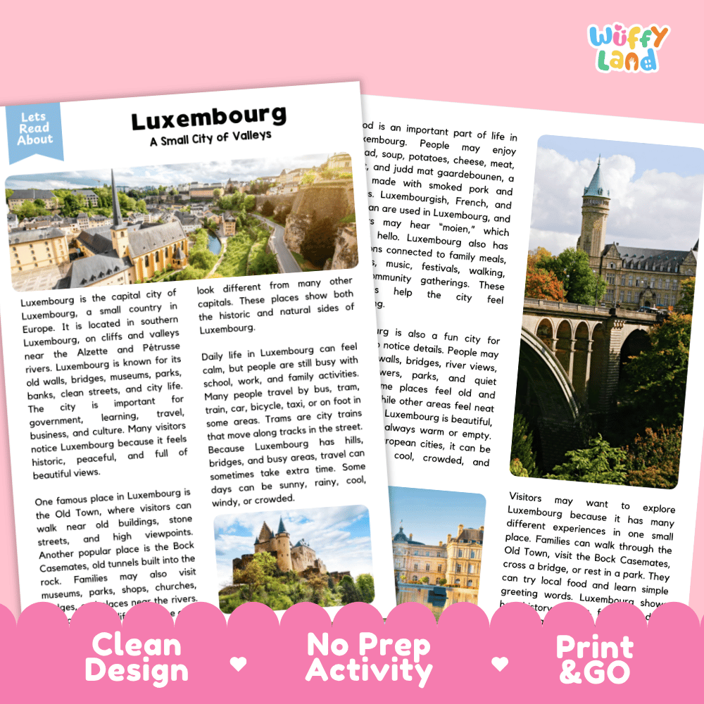 Reference sheet and answer key for Luxembourg landmark reading passage displaying completed comprehension answers and European geography facts