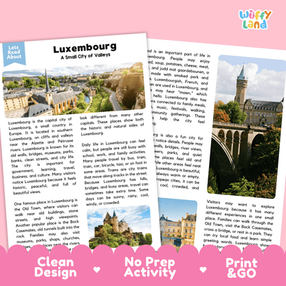 Reference sheet and answer key for Luxembourg landmark reading passage displaying completed comprehension answers and European geography facts