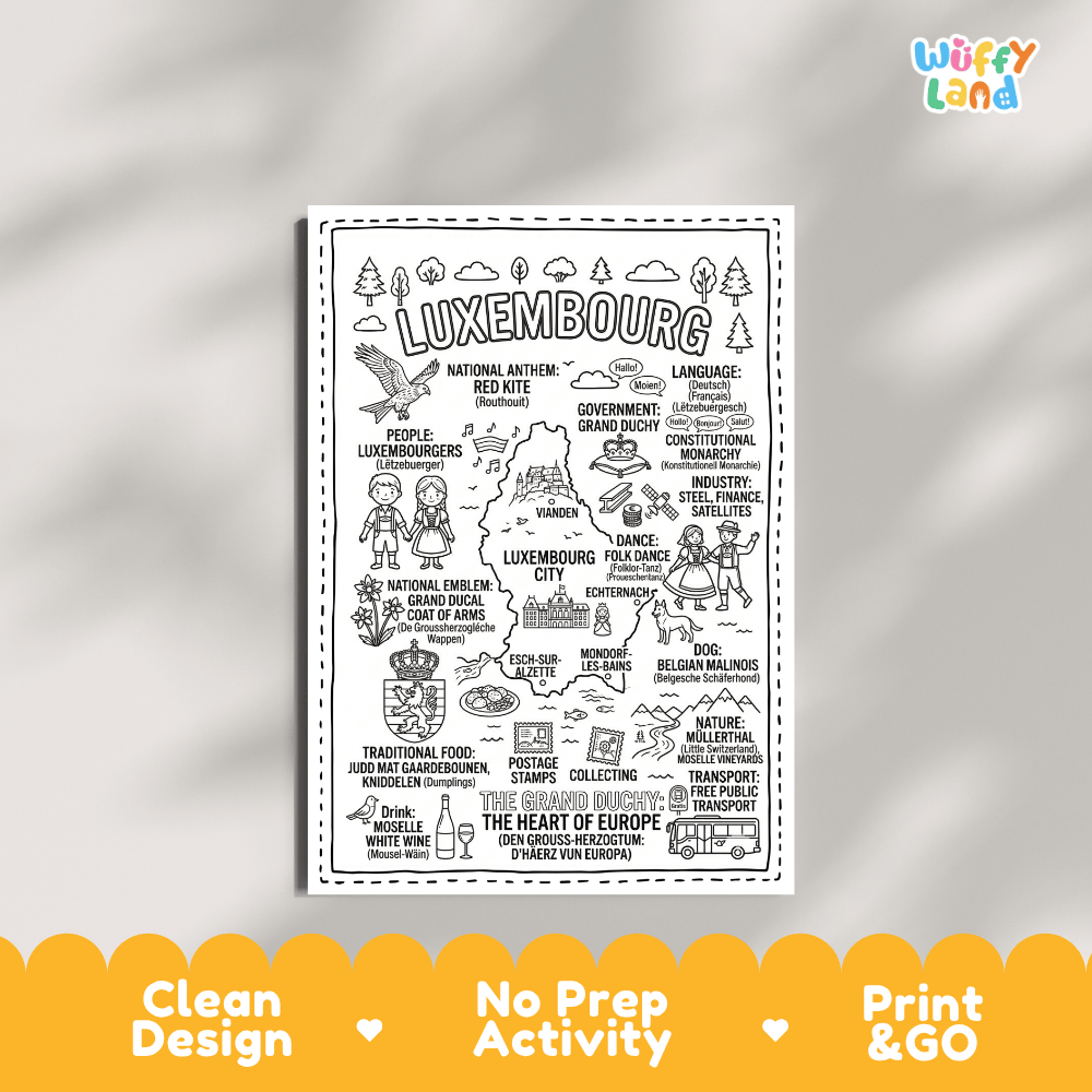 Educational activity coloring page highlighting Luxembourg's national bird the Red Kite, Grand Ducal Coat of Arms, and Malinois dog