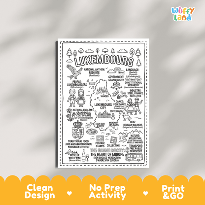 Educational activity coloring page highlighting Luxembourg's national bird the Red Kite, Grand Ducal Coat of Arms, and Malinois dog