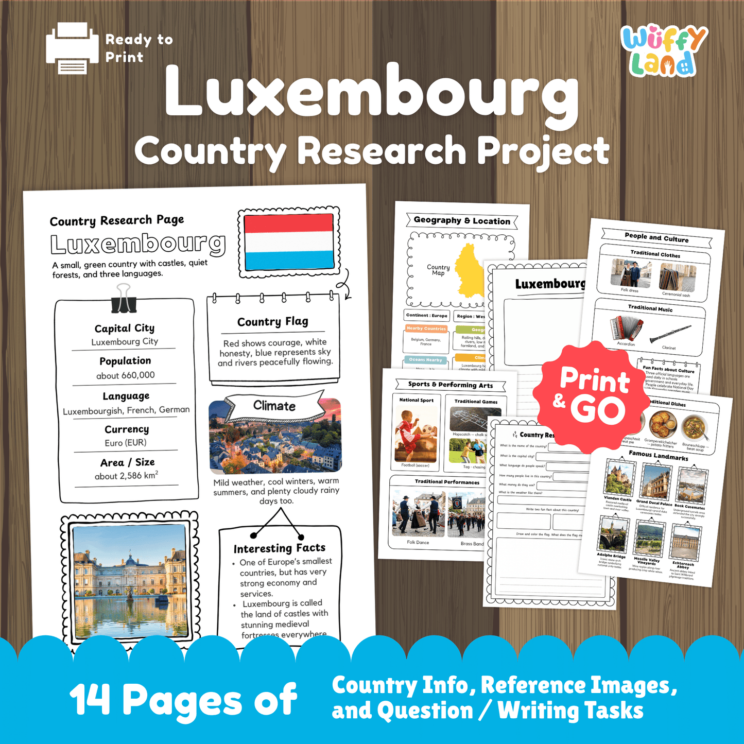 A country research project worksheet for Luxembourg, showcasing the country's capital city (Luxembourg City), population, language, currency, and area. The sheet features Luxembourg's flag, a country map, and information about the climate (mild weather, cool winters, warm summers, and rainy days). Additional sections include traditional clothes, music, national sports, and famous landmarks like Vianden Castle and Grand Ducal Palace. 