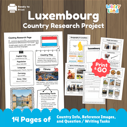 A country research project worksheet for Luxembourg, showcasing the country's capital city (Luxembourg City), population, language, currency, and area. The sheet features Luxembourg's flag, a country map, and information about the climate (mild weather, cool winters, warm summers, and rainy days). Additional sections include traditional clothes, music, national sports, and famous landmarks like Vianden Castle and Grand Ducal Palace. 