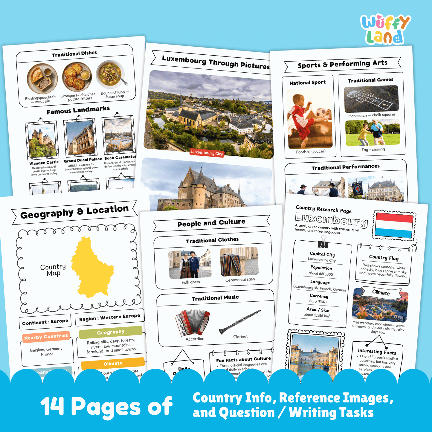 A country research project worksheet for Luxembourg, showcasing the country's capital city (Luxembourg City), population, language, currency, and area. The sheet features Luxembourg's flag, a country map, and information about the climate (mild weather, cool winters, warm summers, and rainy days). Additional sections include traditional clothes, music, national sports, and famous landmarks like Vianden Castle and Grand Ducal Palace. 