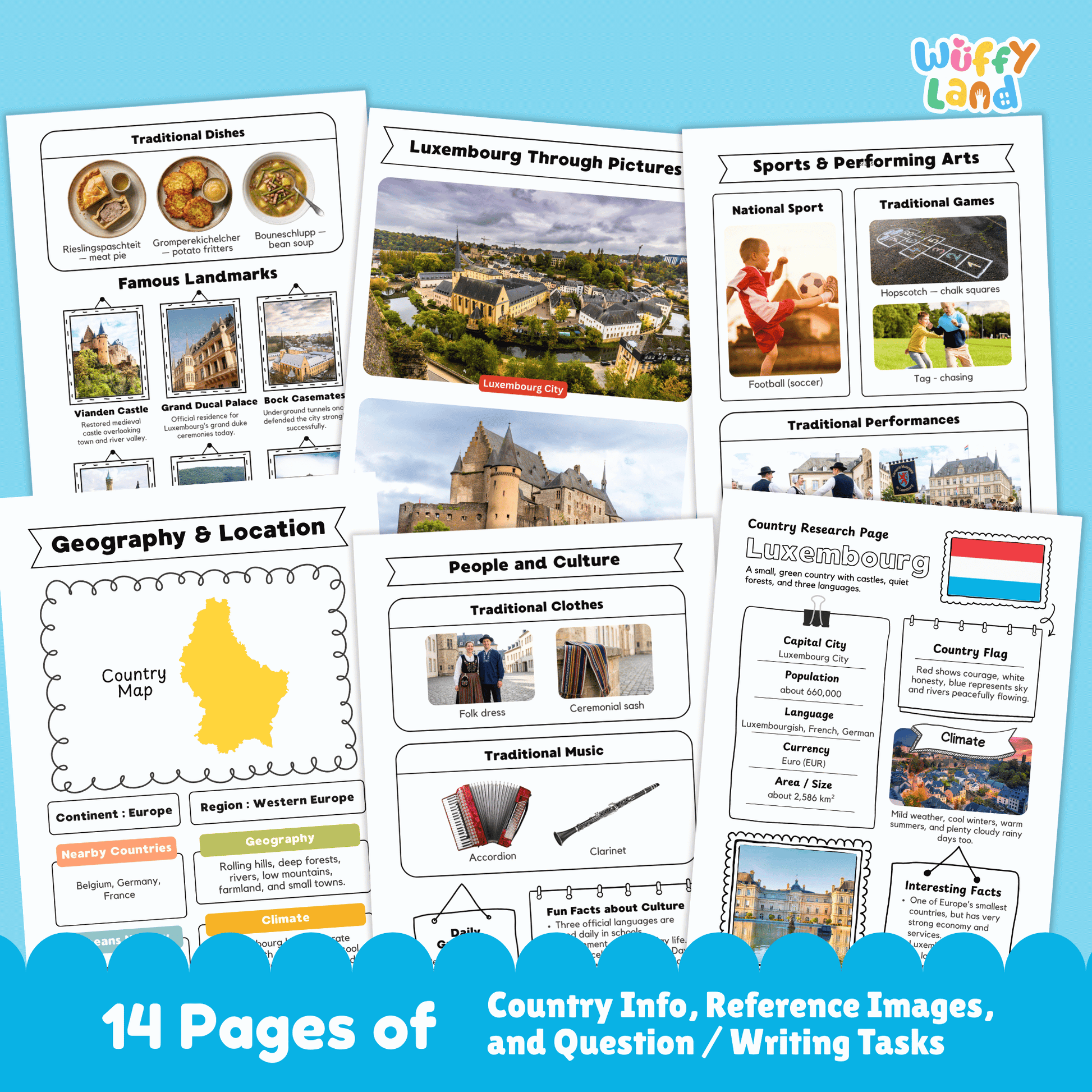 A country research project worksheet for Luxembourg, showcasing the country's capital city (Luxembourg City), population, language, currency, and area. The sheet features Luxembourg's flag, a country map, and information about the climate (mild weather, cool winters, warm summers, and rainy days). Additional sections include traditional clothes, music, national sports, and famous landmarks like Vianden Castle and Grand Ducal Palace. 