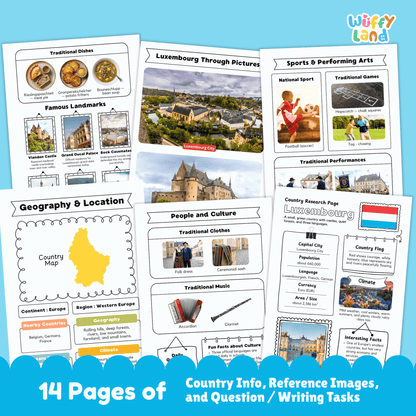 A country research project worksheet for Luxembourg, showcasing the country's capital city (Luxembourg City), population, language, currency, and area. The sheet features Luxembourg's flag, a country map, and information about the climate (mild weather, cool winters, warm summers, and rainy days). Additional sections include traditional clothes, music, national sports, and famous landmarks like Vianden Castle and Grand Ducal Palace. 
