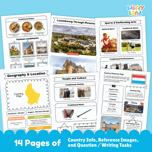 A country research project worksheet for Luxembourg, showcasing the country's capital city (Luxembourg City), population, language, currency, and area. The sheet features Luxembourg's flag, a country map, and information about the climate (mild weather, cool winters, warm summers, and rainy days). Additional sections include traditional clothes, music, national sports, and famous landmarks like Vianden Castle and Grand Ducal Palace. 
