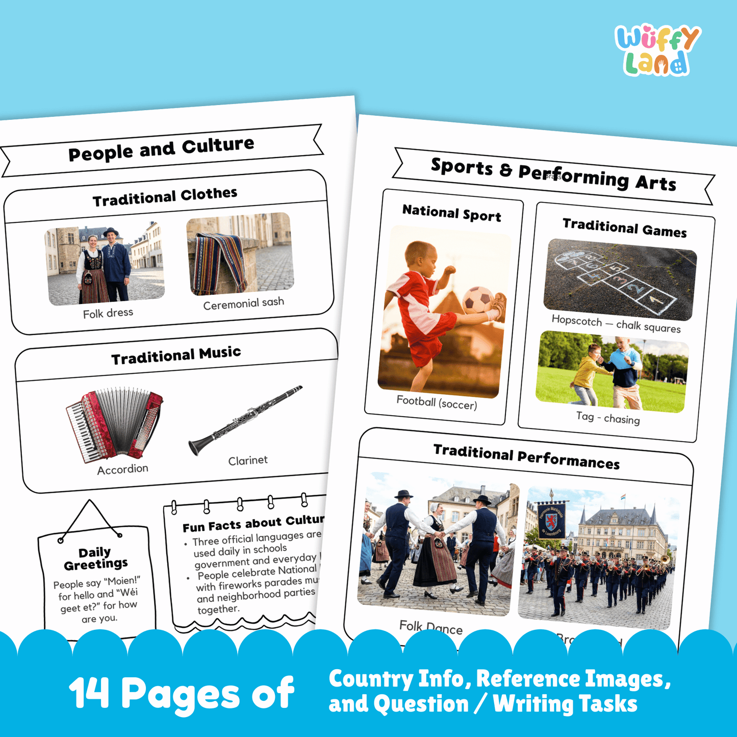 A country research project worksheet for Luxembourg, showcasing the country's capital city (Luxembourg City), population, language, currency, and area. The sheet features Luxembourg's flag, a country map, and information about the climate (mild weather, cool winters, warm summers, and rainy days). Additional sections include traditional clothes, music, national sports, and famous landmarks like Vianden Castle and Grand Ducal Palace.