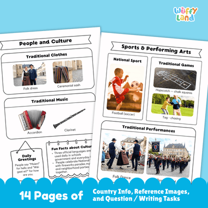 A country research project worksheet for Luxembourg, showcasing the country's capital city (Luxembourg City), population, language, currency, and area. The sheet features Luxembourg's flag, a country map, and information about the climate (mild weather, cool winters, warm summers, and rainy days). Additional sections include traditional clothes, music, national sports, and famous landmarks like Vianden Castle and Grand Ducal Palace.
