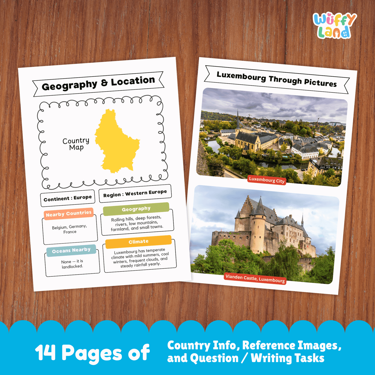 A country research project worksheet for Luxembourg, showcasing the country's capital city (Luxembourg City), population, language, currency, and area. The sheet features Luxembourg's flag, a country map, and information about the climate (mild weather, cool winters, warm summers, and rainy days). Additional sections include traditional clothes, music, national sports, and famous landmarks like Vianden Castle and Grand Ducal Palace.