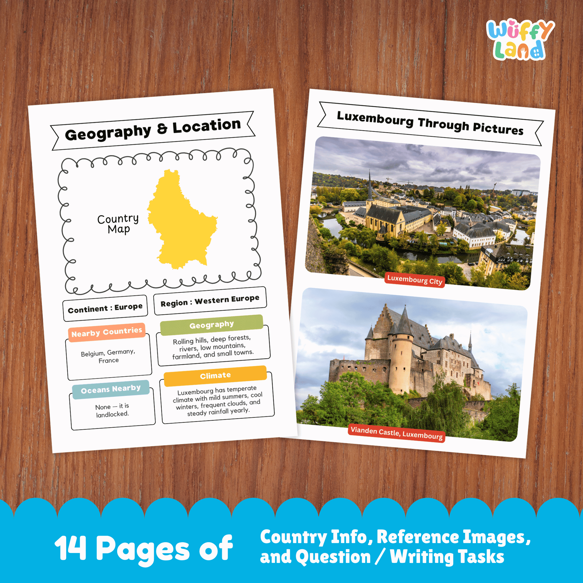 A country research project worksheet for Luxembourg, showcasing the country's capital city (Luxembourg City), population, language, currency, and area. The sheet features Luxembourg's flag, a country map, and information about the climate (mild weather, cool winters, warm summers, and rainy days). Additional sections include traditional clothes, music, national sports, and famous landmarks like Vianden Castle and Grand Ducal Palace.
