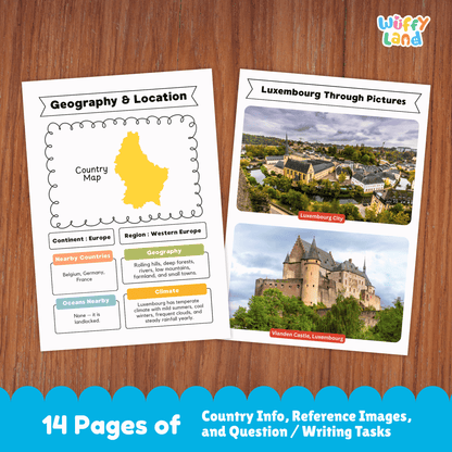 A country research project worksheet for Luxembourg, showcasing the country's capital city (Luxembourg City), population, language, currency, and area. The sheet features Luxembourg's flag, a country map, and information about the climate (mild weather, cool winters, warm summers, and rainy days). Additional sections include traditional clothes, music, national sports, and famous landmarks like Vianden Castle and Grand Ducal Palace.