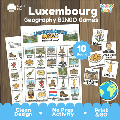 Luxembourg Geography BINGO Games Printable Activity Boards