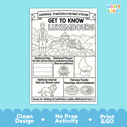 Luxembourg Geography Coloring Poster and Fact Sheet Printable Worksheets