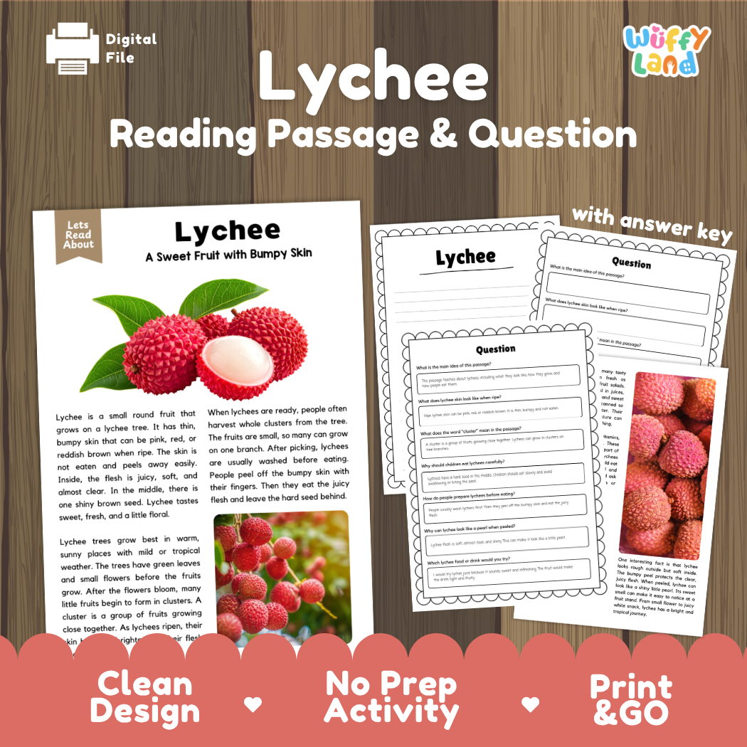 Lychee reading comprehension passage and questions printable activity pack with answer key for elementary students